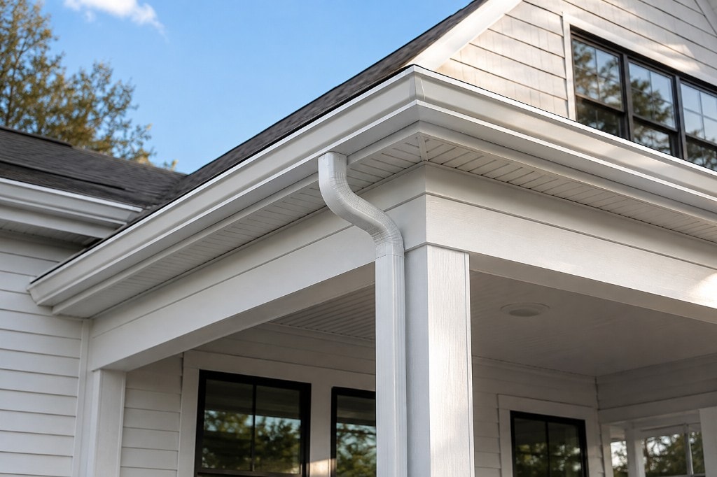 White seamless gutter and downspout installation on a Connecticut home with charcoal shingle roof
