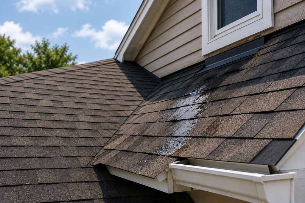 Visible water streak on asphalt shingles indicating a roof leak near a window and gutter on a Fairfield County home
